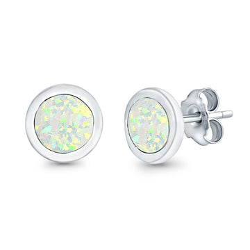 Round Stud Earrings Lab Created White Opal 925 Sterling Silver (7mm)
